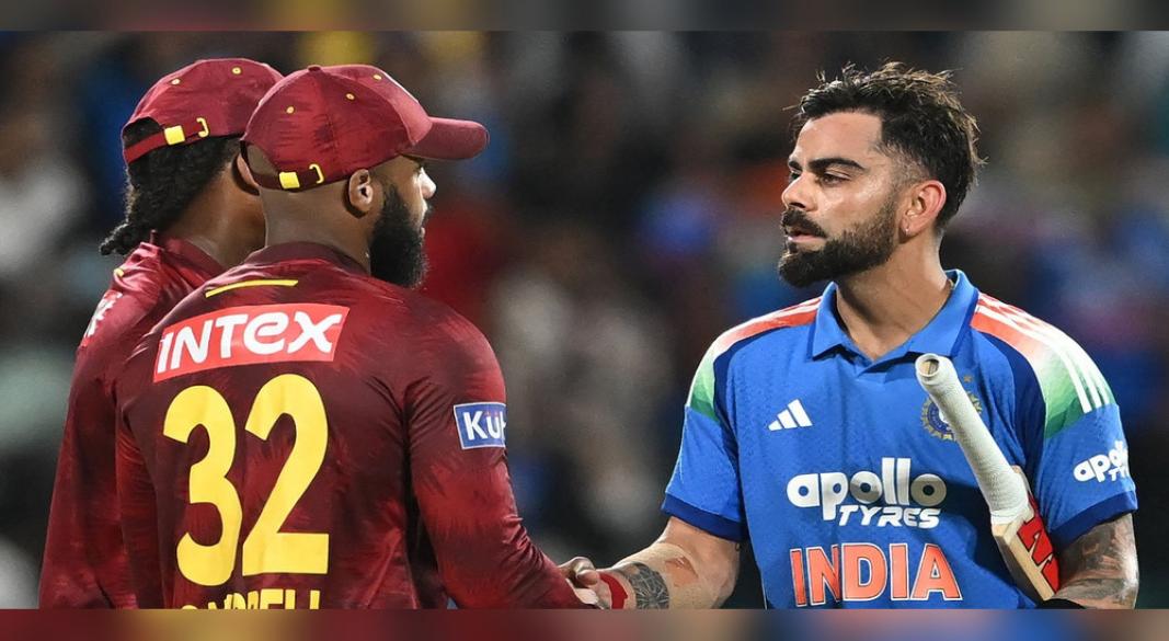 ম্যাচ শেষে ওয়েস্ট ইন্ডিজের খেলোয়াড়দের সঙ্গে কোহলির করমর্দন। ছবি: এএফপি