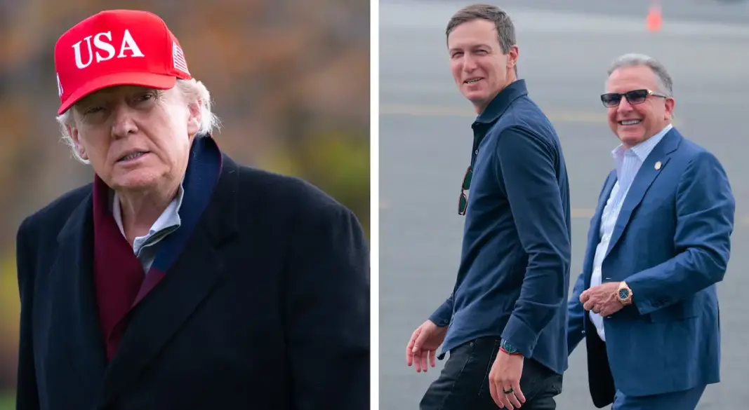 মার্কিন প্রেসিডেন্ট ডোনাল্ড ট্রাম্প (বাঁয়ে), তার জামাতা জ্যারেড কুশনার ও বিশেষ দূত স্টিভ উইটকফ। ছবি: সংগৃহীত